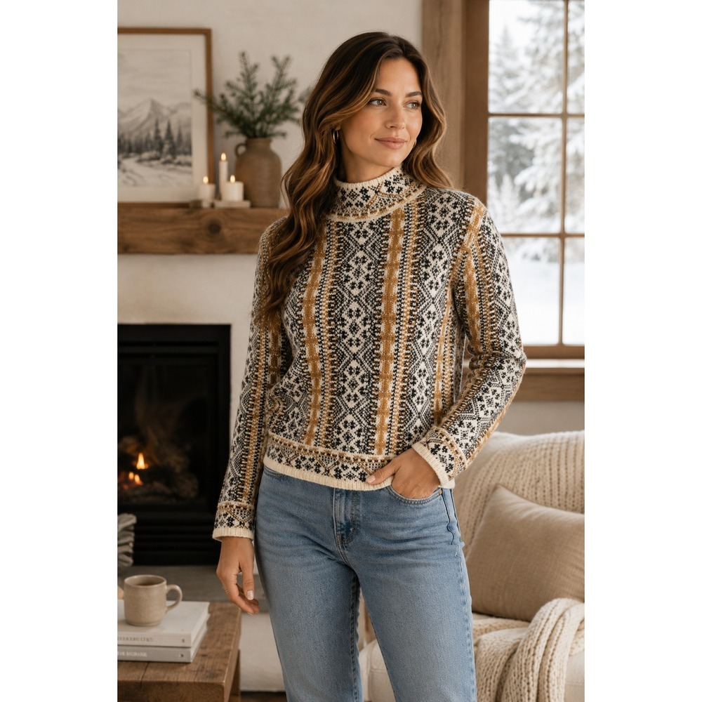 Ophelia Roe Wool Blend Mock Neck Sweater S Ivory Black Camel Fair Isle Knit